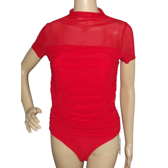 Reoria Bodysuit Womens Large Medium Red high mock neck Short Sleeve sheer ruched - Picture 1 of 13